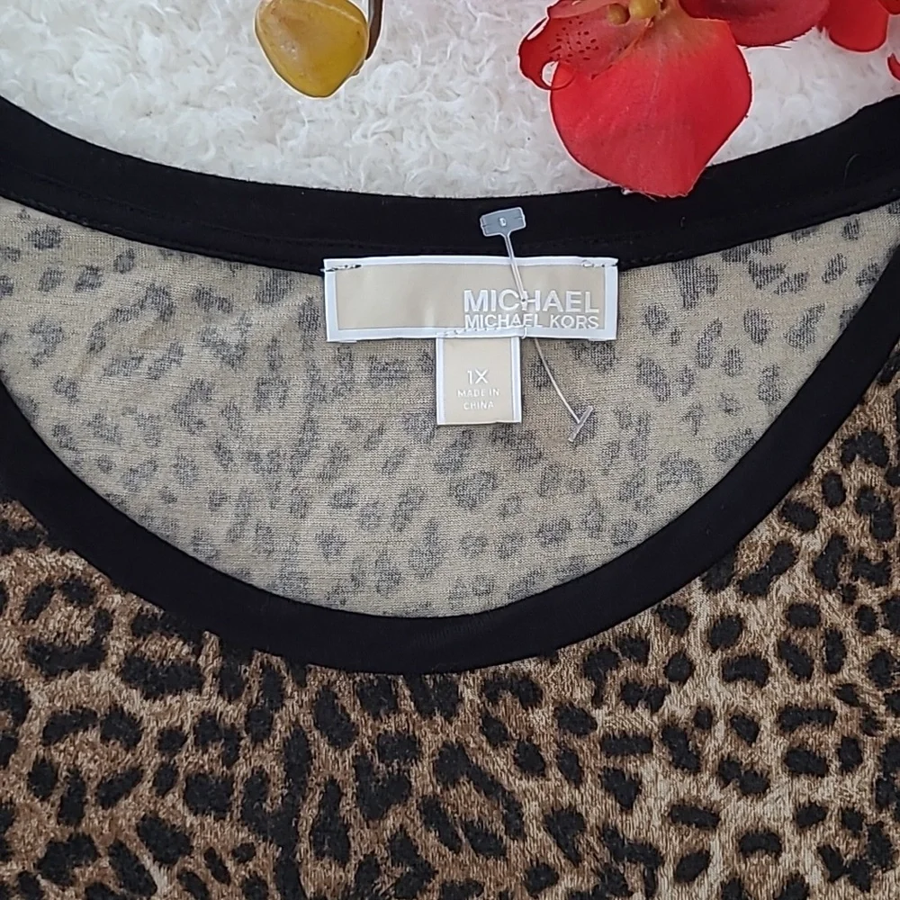 NEW Michael Kors Tunic Top RARE Sheer Black Peplum  Animal Print  Long Sleeve 1X